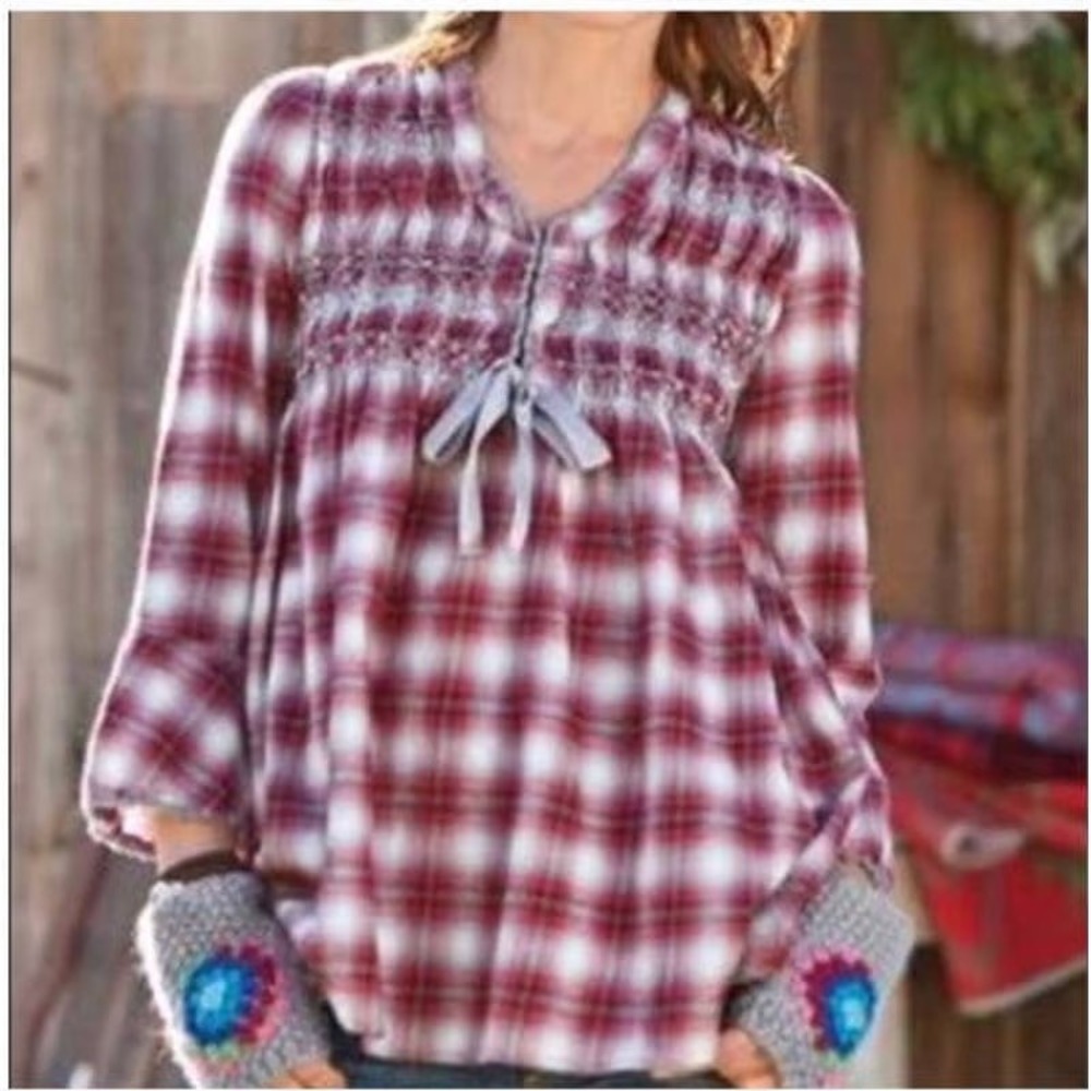 Sundance Tunic Top Womens Small Red Plaid Smocked Sequin Bell Sleeve Boho Cotton